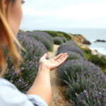 a woman, slightly out of frame to the left hand side, offering her hand for someone colour are soft lavender, sage along a coastal path